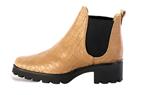 Camel beige and matt black women's ankle boots, with elastics. Round toe. Low rubber soles. Profile view - Florence KOOIJMAN